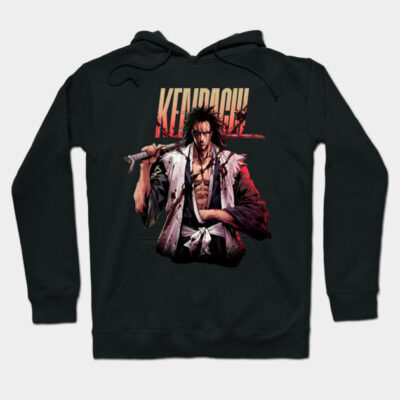 Black anime graphic hoodie featuring a warrior character with sword, ideal for casual wear and fans of Japanese animation.