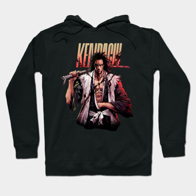 Black anime graphic hoodie featuring a warrior character with sword, ideal for casual wear and fans of Japanese animation.
