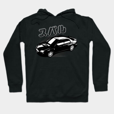Black hoodie with car graphic and Japanese text, casual style, cotton blend, perfect for everyday wear.