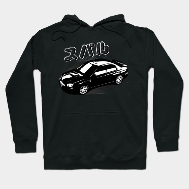Black hoodie with car graphic and Japanese text, casual style, cotton blend, perfect for everyday wear.