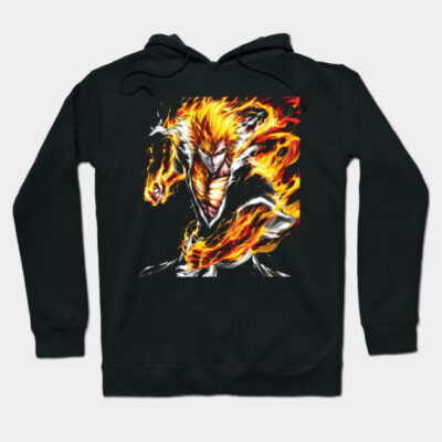 Black hoodie with fiery anime character graphic, cotton material, casual wear, unisex style, for fans of bold designs.