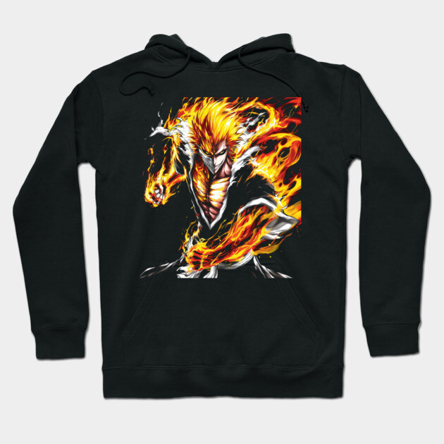 Black hoodie with fiery anime character graphic, cotton material, casual wear, unisex style, for fans of bold designs.