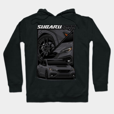 Black hoodie with Subaru WRX graphic design, featuring car and wheel illustration, ideal for casual wear.