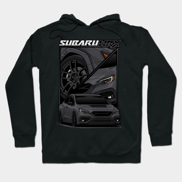 Black hoodie with Subaru WRX graphic design, featuring car and wheel illustration, ideal for casual wear.