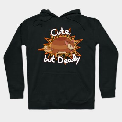 Black hoodie with "Cute but Deadly" armadillo graphic, casual style, cozy cotton material for everyday wear.
