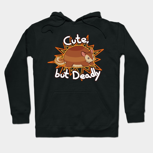 Black hoodie with "Cute but Deadly" armadillo graphic, casual style, cozy cotton material for everyday wear.