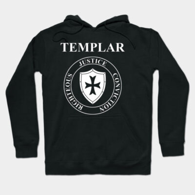 Black Templar hoodie with shield emblem, featuring words "Justice," "Conviction," "Righteous," cotton material.