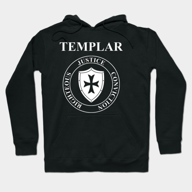 Black Templar hoodie with shield emblem, featuring words "Justice," "Conviction," "Righteous," cotton material.