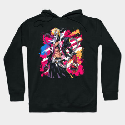 Black anime graphic hoodie with colorful abstract design, perfect for casual wear, made from soft cotton blend.
