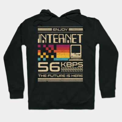 Black retro internet-themed hoodie with colorful pixel design and text "56 kbps," perfect for casual wear.