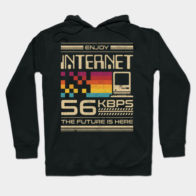 Black retro internet-themed hoodie with colorful pixel design and text "56 kbps," perfect for casual wear.