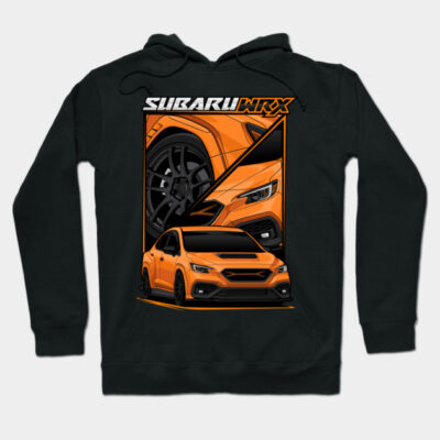 Black hoodie with orange Subaru WRX graphic, featuring sporty car design. Ideal for car enthusiasts. Cotton material.