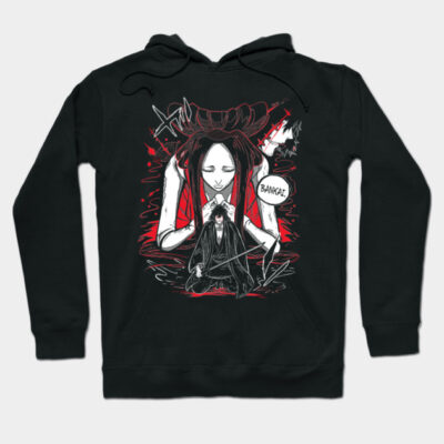 Black anime-themed hoodie with graphic design, featuring bold red and white accents, perfect for casual wear.