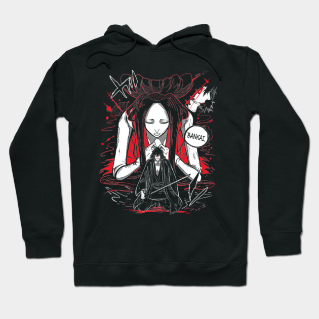 Black anime-themed hoodie with graphic design, featuring bold red and white accents, perfect for casual wear.