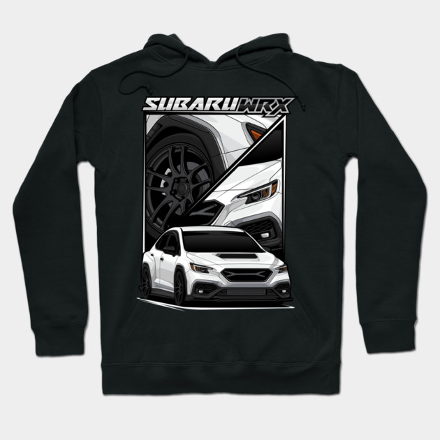 Black hooded sweatshirt featuring a white sports car graphic and bold text design, ideal for casual wear.