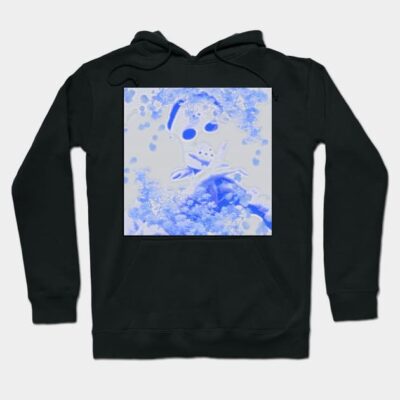 Black hoodie featuring abstract blue graphic design, unisex style, ideal for casual wear, made from soft cotton blend.