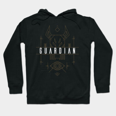 Black "Guardian" graphic hoodie with geometric design, perfect for casual wear, made from soft cotton blend.