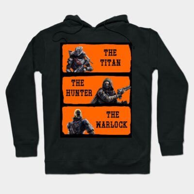 Black hoodie with orange graphic featuring three futuristic characters labeled Titan, Hunter, and Warlock design.