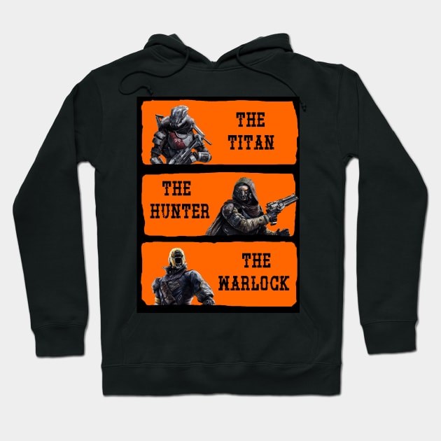 Black hoodie with orange graphic featuring three futuristic characters labeled Titan, Hunter, and Warlock design.
