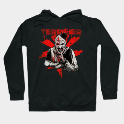 Black graphic hoodie with horror-themed design, featuring red and white accents, perfect for casual wear and Halloween events.
