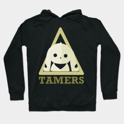Black hoodie with cartoon character and "Tamers" text, featuring a playful design. Perfect for casual wear.