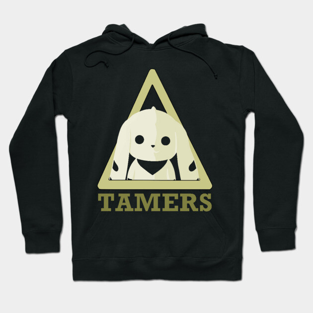 Black hoodie with cartoon character and "Tamers" text, featuring a playful design. Perfect for casual wear.