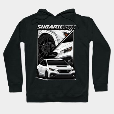 Black hoodie featuring Subaru WRX graphic design, ideal for car enthusiasts, made from soft cotton blend material.