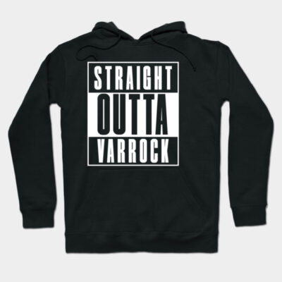 Black hoodie with "Straight Outta Varrock" graphic design, casual style, perfect for gamers, soft cotton material.