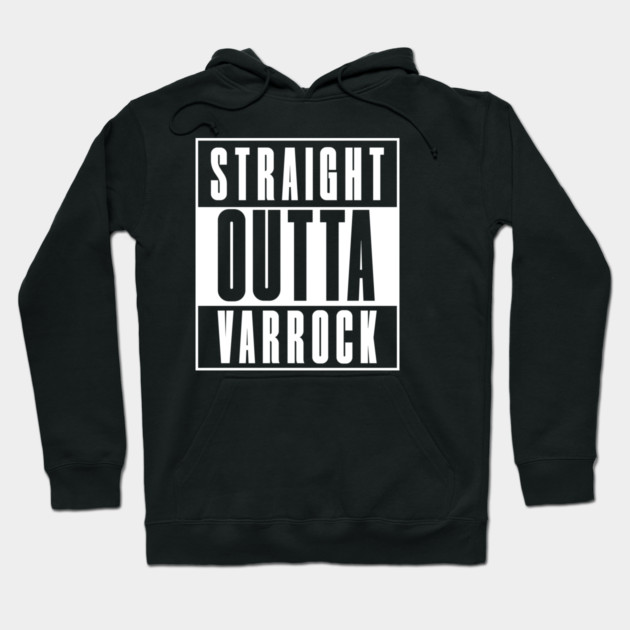 Black hoodie with "Straight Outta Varrock" graphic design, casual style, perfect for gamers, soft cotton material.