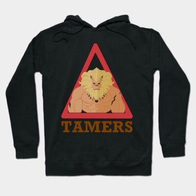 Black hoodie with lion graphic and "Tamers" text, perfect for casual wear. Comfortable cotton blend material.