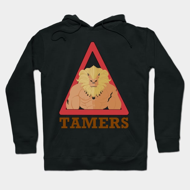 Black hoodie with lion graphic and "Tamers" text, perfect for casual wear. Comfortable cotton blend material.