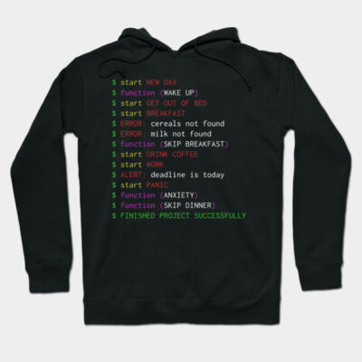 Black hoodie with humorous colorful text design, perfect for casual wear. Made from soft, comfortable material.