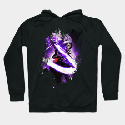 Black hoodie with vibrant purple and white abstract sword design, perfect for casual wear and outdoor activities.