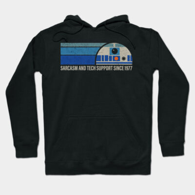 Black hoodie with retro tech design and "Sarcasm and Tech Support Since 1977" text, perfect for casual wear.
