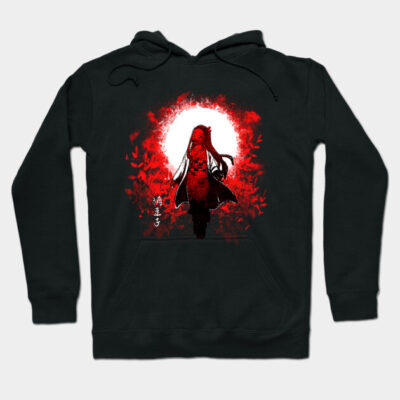 Black anime-themed hoodie featuring red and white graphic design, perfect for casual wear and fans of Japanese art.