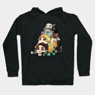 Black anime graphic hoodie featuring stacked cartoon characters, cozy casual wear, cotton blend material.