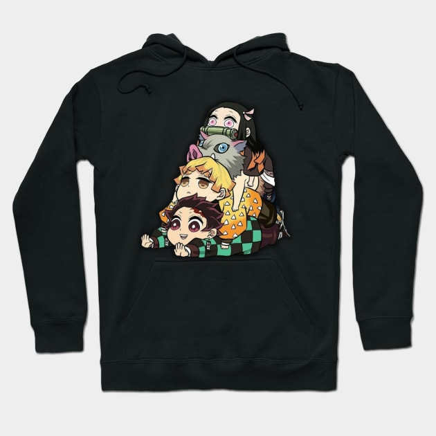 Black anime graphic hoodie featuring stacked cartoon characters, cozy casual wear, cotton blend material.