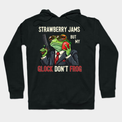 Black hoodie with a humorous frog and strawberry design, featuring text "Strawberry Jams," casual wear, cotton blend.