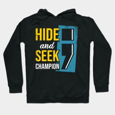 Black "Hide and Seek Champion" hoodie, playful text design, casual wear, cotton blend, unisex style.