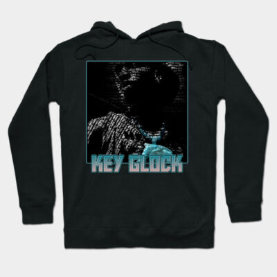 Black hoodie with graphic print and "KEY GLOCK" text, casual streetwear style, cotton material, unisex.