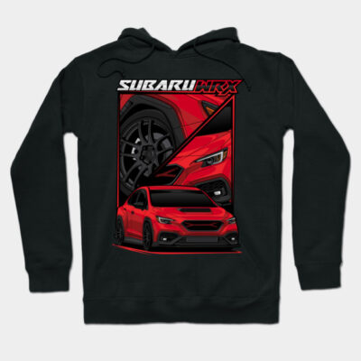 Black hoodie with red car graphic design, featuring bold text. Ideal for car enthusiasts and casual wear.