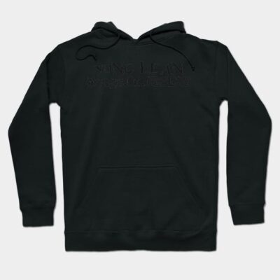 Black cotton hoodie with front pocket, adjustable drawstring, and subtle embossed text design for casual wear.