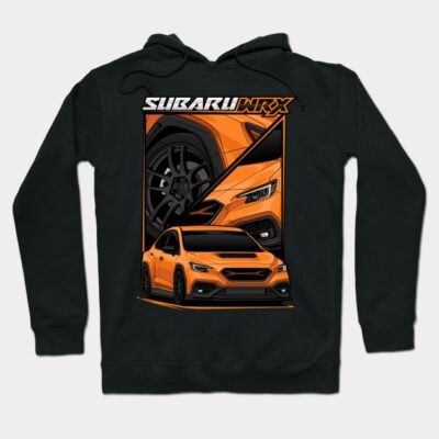 Black hoodie featuring orange sports car graphic design, perfect for car enthusiasts. Made from soft, durable fabric.
