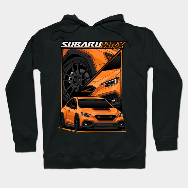 Black hoodie featuring orange sports car graphic design, perfect for car enthusiasts. Made from soft, durable fabric.