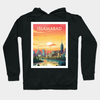 Black hoodie featuring colorful Islamabad cityscape print, casual style, cozy cotton material, perfect for everyday wear.
