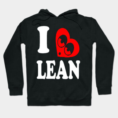 Black hoodie with "I heart lean" text, red heart graphic, casual style, cotton material. Ideal for everyday wear.