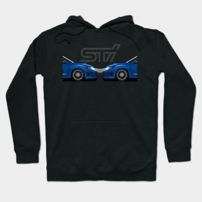 Black hoodie with blue car design, featuring sporty style, ideal for casual wear, made from soft cotton blend.