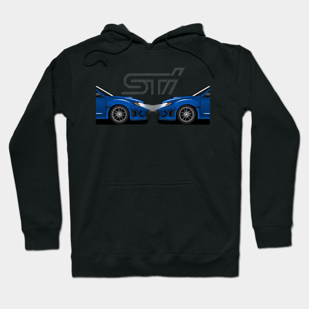 Black hoodie with blue car design, featuring sporty style, ideal for casual wear, made from soft cotton blend.