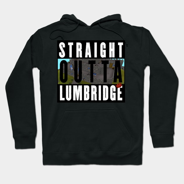 Black hoodie with "Straight Outta Lumbridge" graphic, featuring a gaming theme. Cozy cotton material, casual style.
