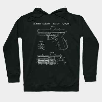 Black hoodie with vintage patent design, cotton material, casual style, suitable for daily wear.